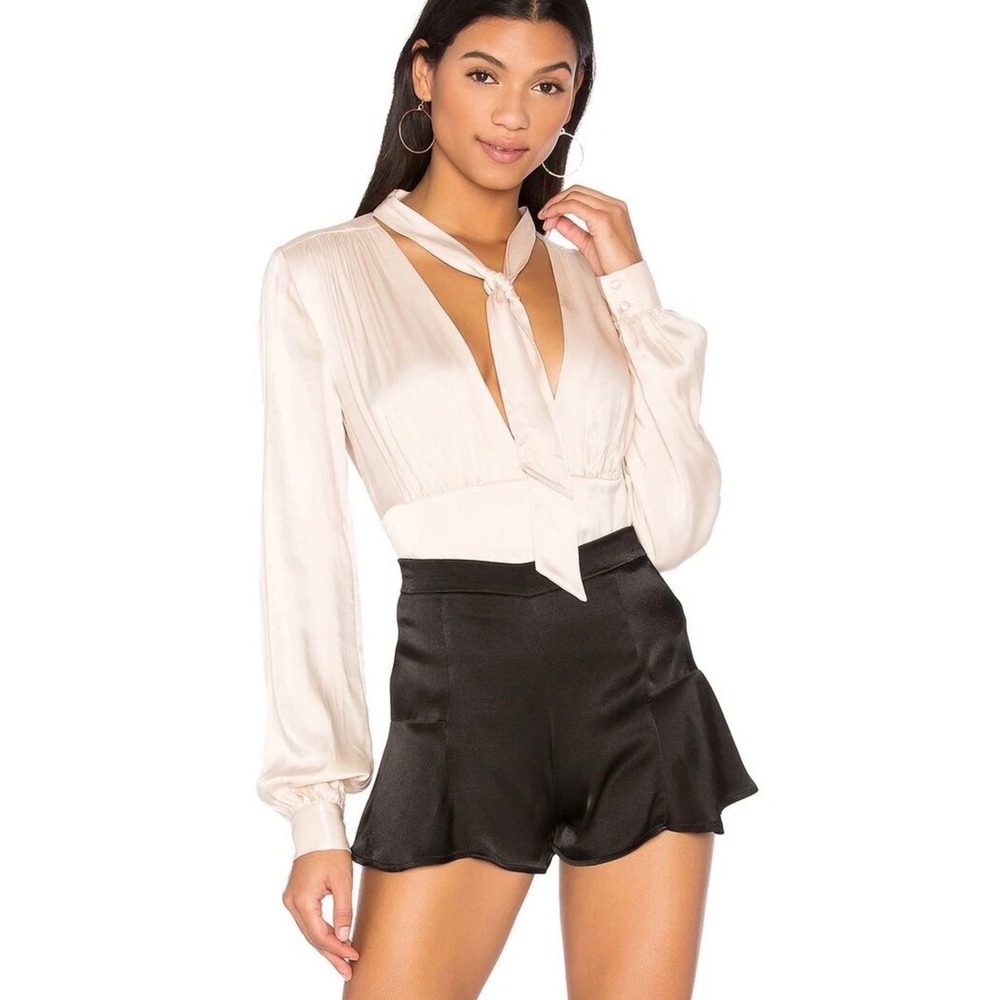 LPA 122 Deep V Neck Tie Nude Beige Blouse Bodysuit Size S